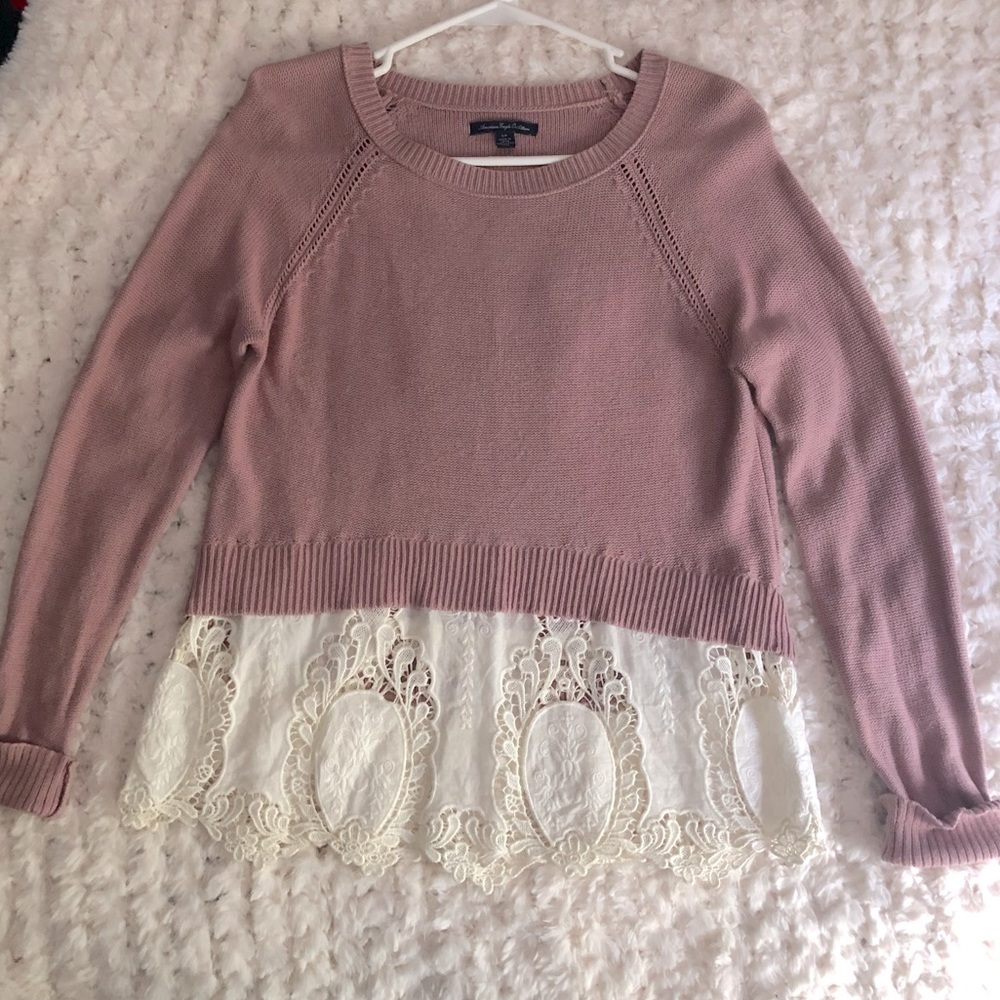 AE Dusty Rose Pink Sweater Layered Look Lace Shirt Size S Top